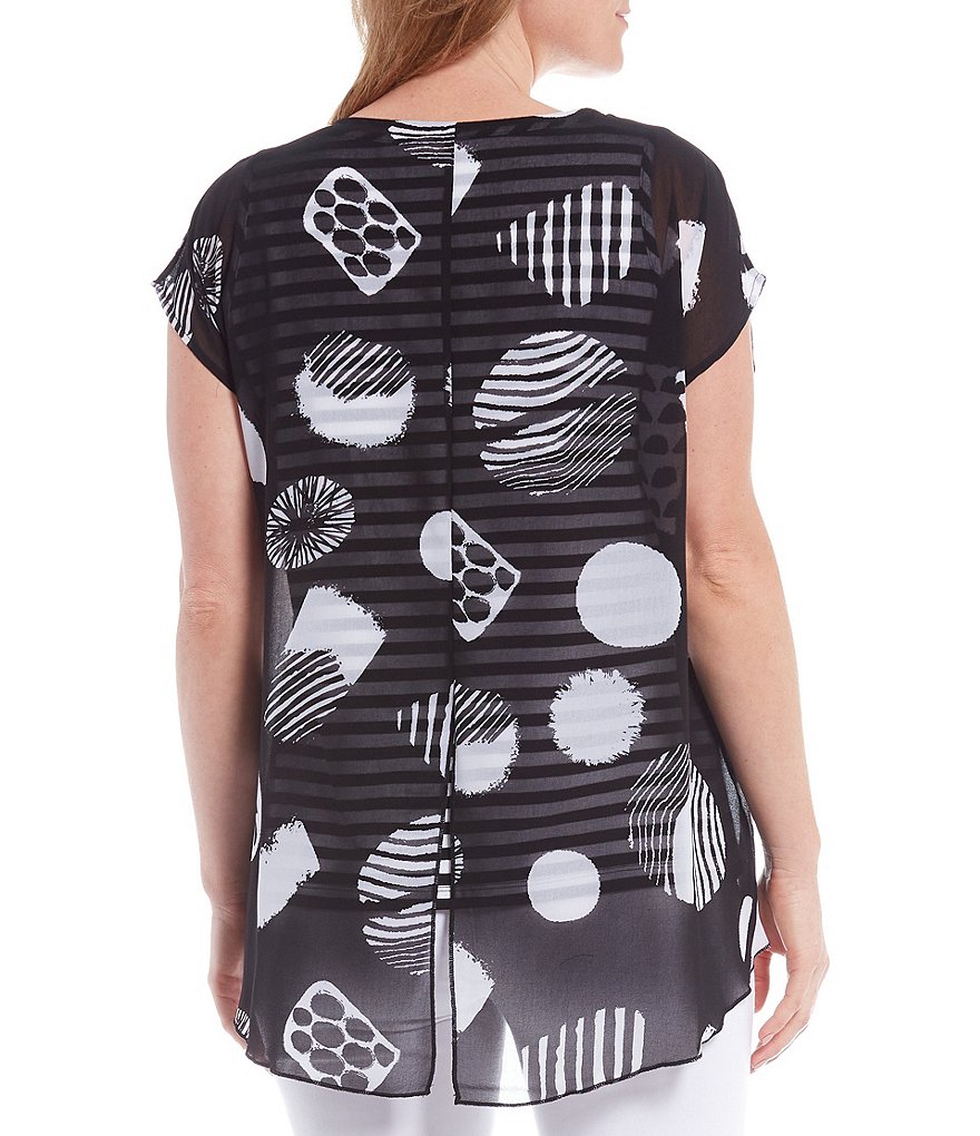 Multiples Shape Dot Print Dolman Sleeve Stripe Knit Tank Hi-Low Georgette Blouse