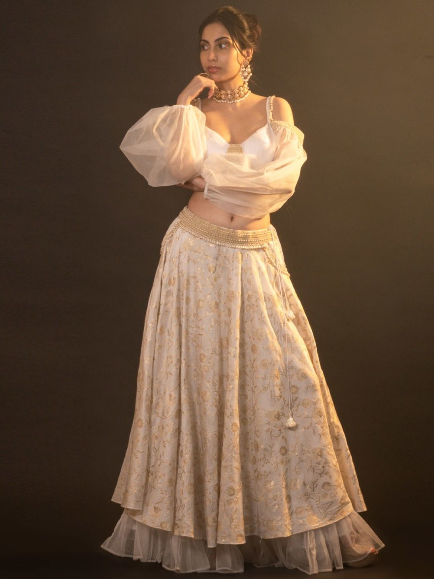 Monk and Mei Soul of Swan White and Gold Diana Brocade Lehenga Set