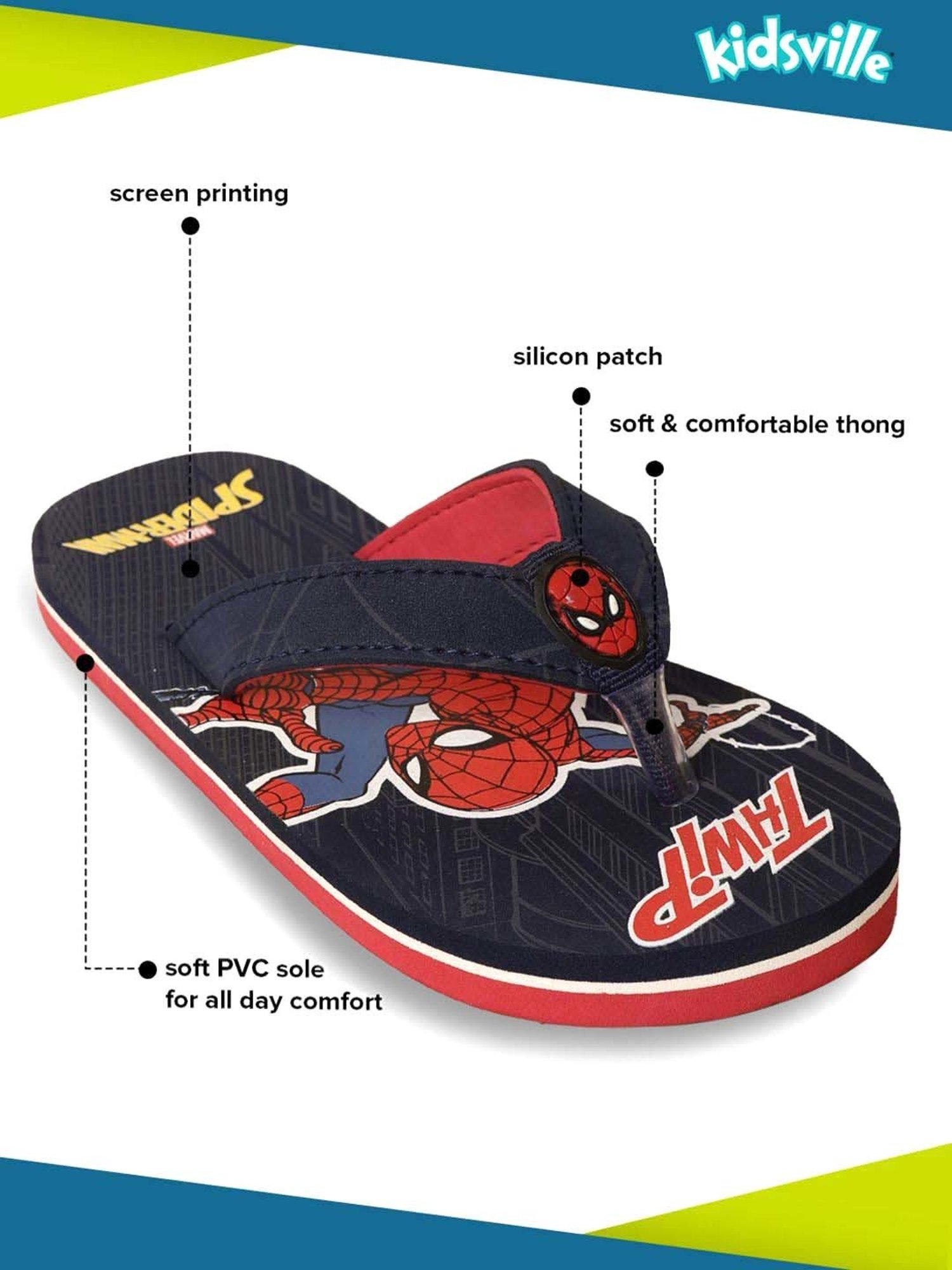 Kidsville Spiderman Printed Navy & Red Flip Flops
