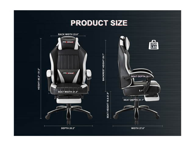 STARSPACE High Back 350lb Memory Foam Ergonomic Reclining Gaming Chair Metal Base - Adjustable Back Angle and Retractable Footrest Racing Executive Computer Desk Office Chair with Thick Padded Arms