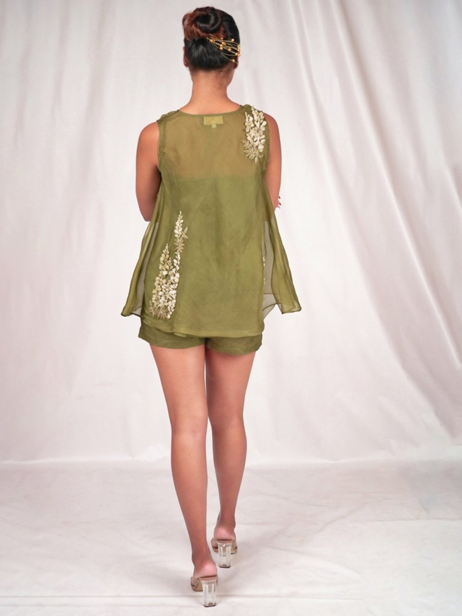 Seesa Green Spring Summer Aloe Organza Overshirt With Embroidery Details