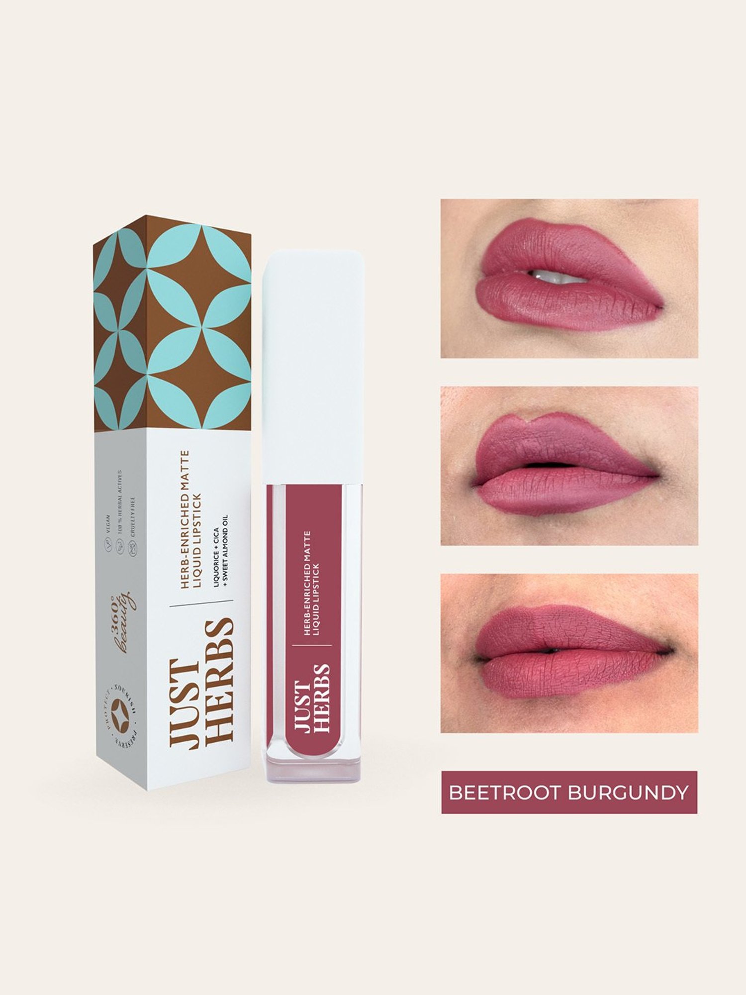 JUST HERBS Herb-Enriched Matte Liquid Lipstick Beetroot Burgundy - 2 ml