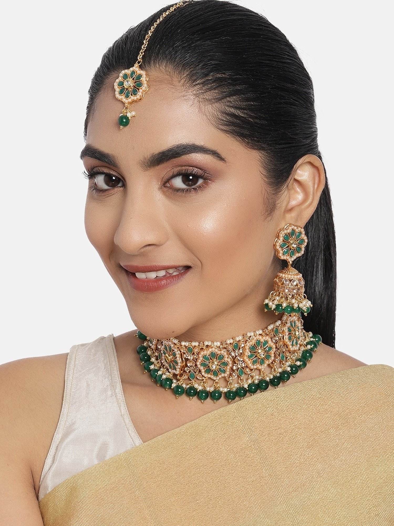 Zaveri Pearls Green Stones & Beads Wedding Collection Necklace Earring & Maangtikka Set-ZPFK10166
