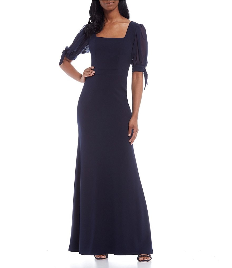 Betsy & Adam Chiffon Short Tie Sleeves Scuba Crepe Gown