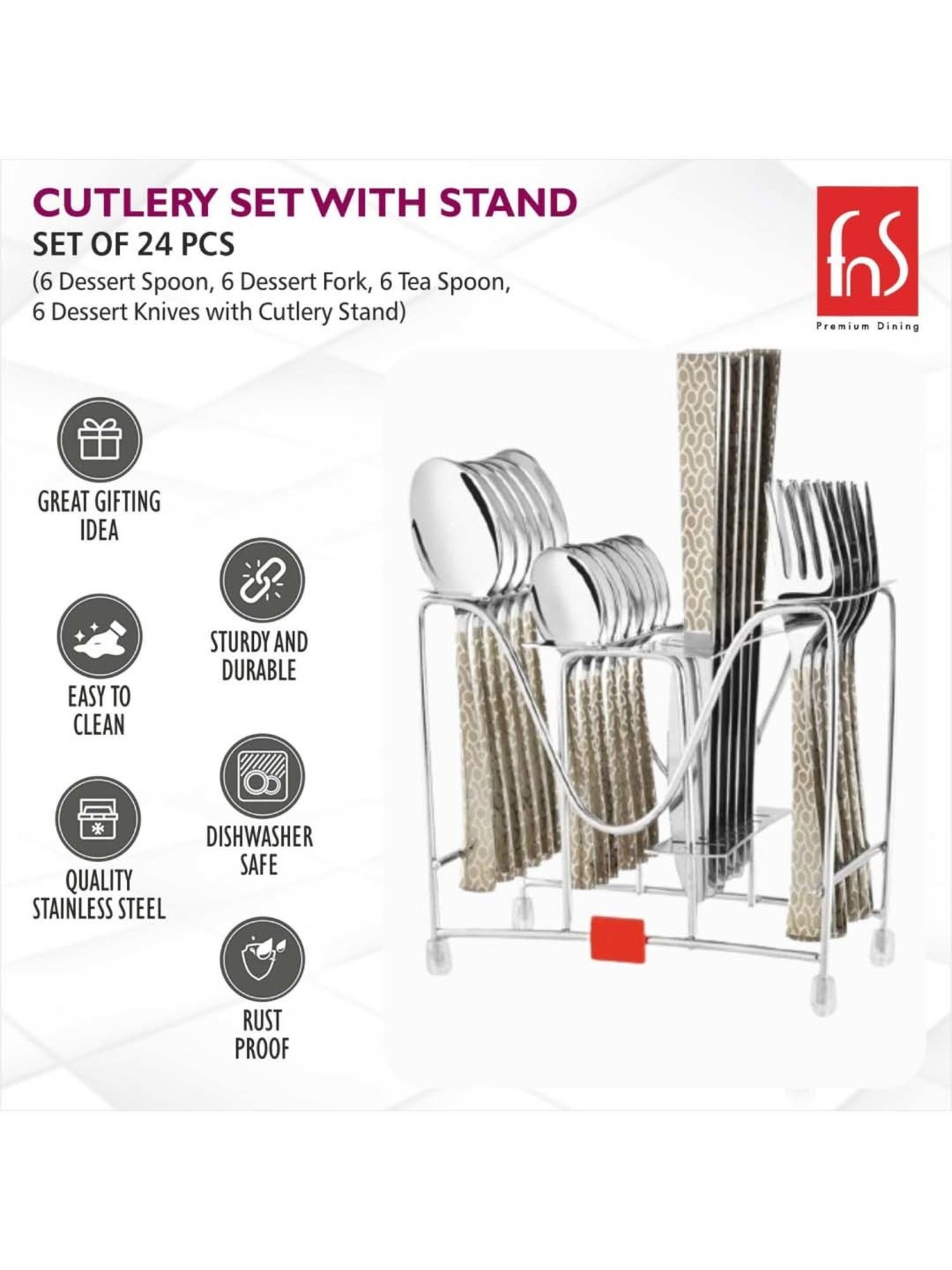 FnS Pacific Silver Stainless Steel Cutlery - Set of 24