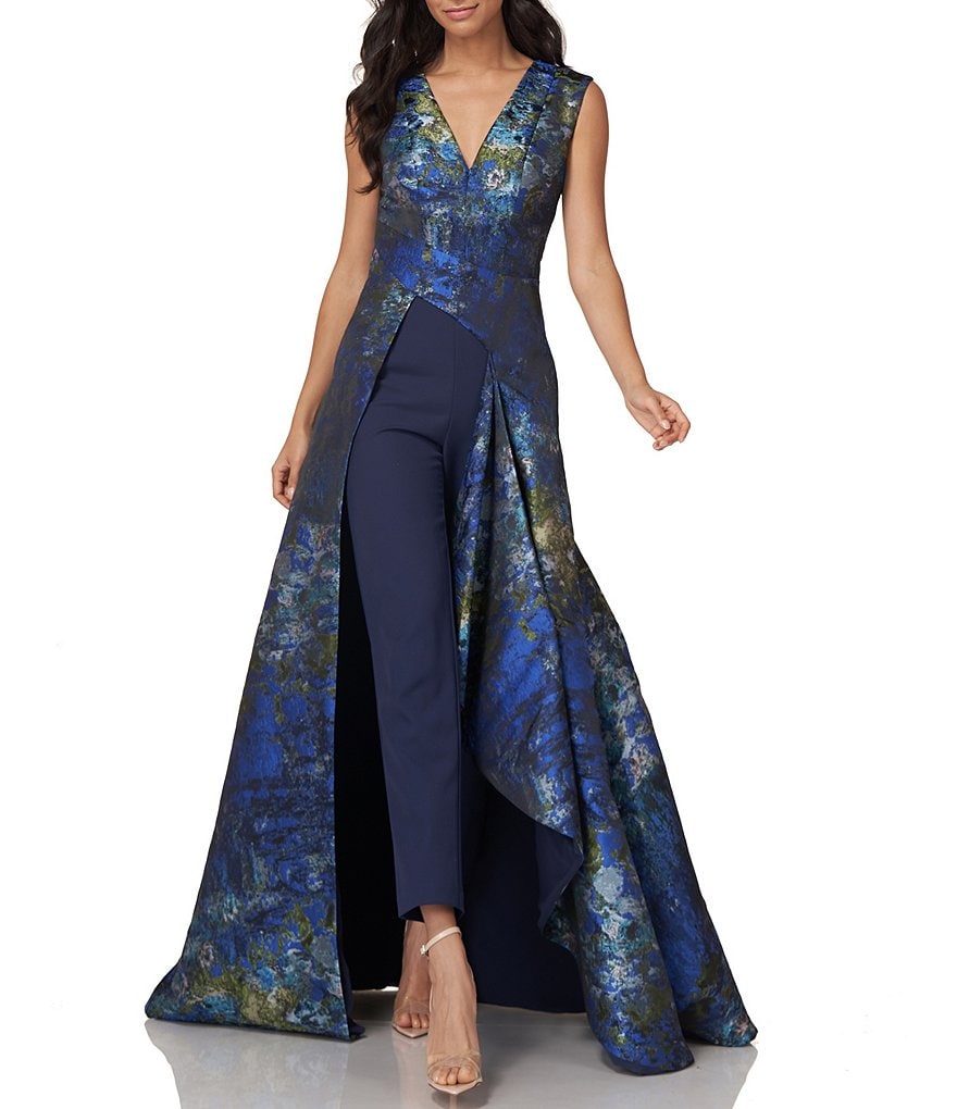 Kay Unger Sidney Jacquard and Crepe Walk-Thru Jumpsuit Dress