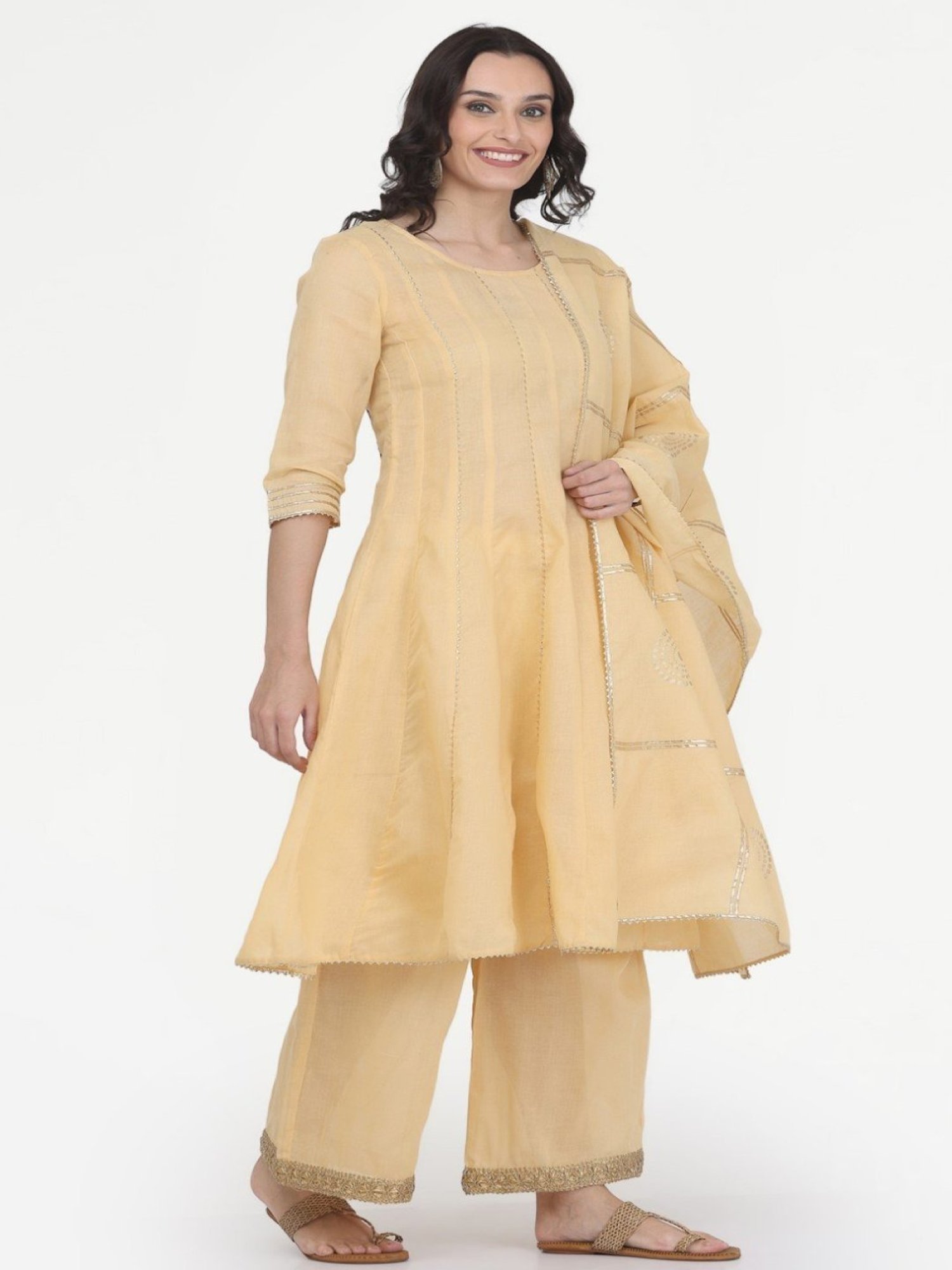 Kaanchie Nanggia Beige Gota Work Kurta Pant with Printed Duatta