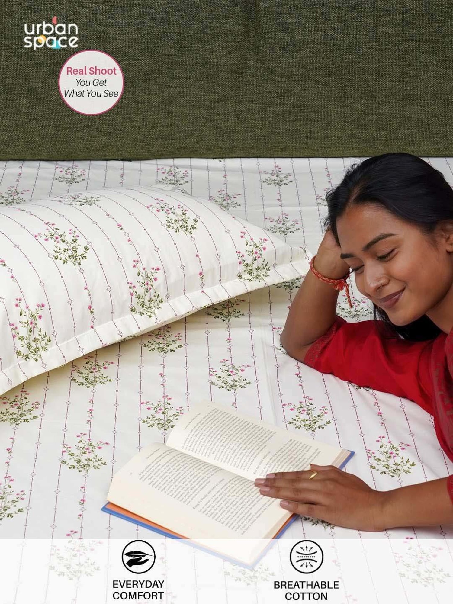 Urban Space Serene Pink Cotton 200 TC King Fitted Bedsheet With Pillow Covers