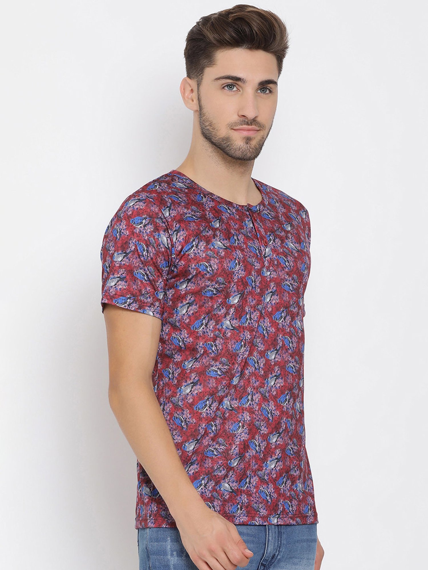 Hangup Plus Red & Blue Regular Fit Printed Henley T-Shirt