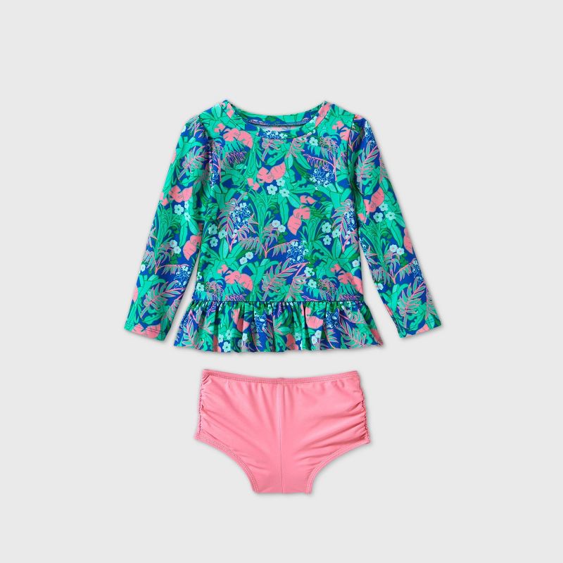 Toddler Girls' Floral Long Sleeve Rash Guard Swim Set - Cat & Jack™ Blue/Green 4T