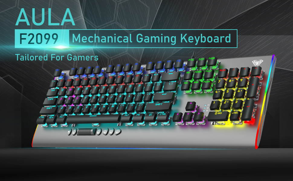 AULA F2099 RGB Mechanical Gaming Keyboard, with Media Keys, Rainbow Backlight, Slim Keycaps, Metal Panel, 104-Keys Anti-Ghosting Wired PC Gaming Keyboards for Laptop, Desktop Computer