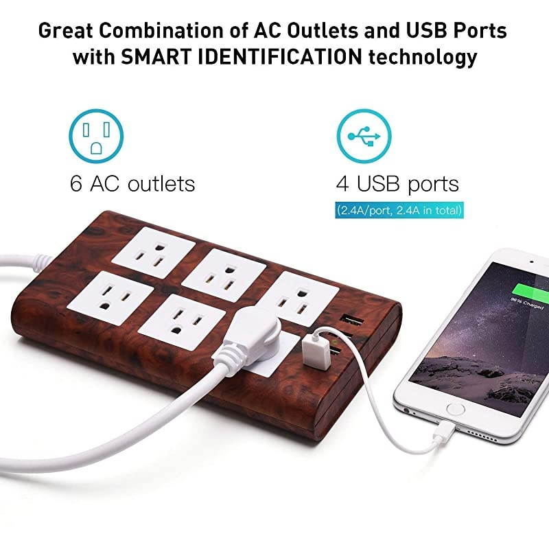 98ft 15A Surge Protector Power Strip with USB 14AWG Extension Cord 6 Outlet Flat Plug FireProof with Cable Tie as Bonus for iPhone iPad Computer Home Office Destop Wood Grain