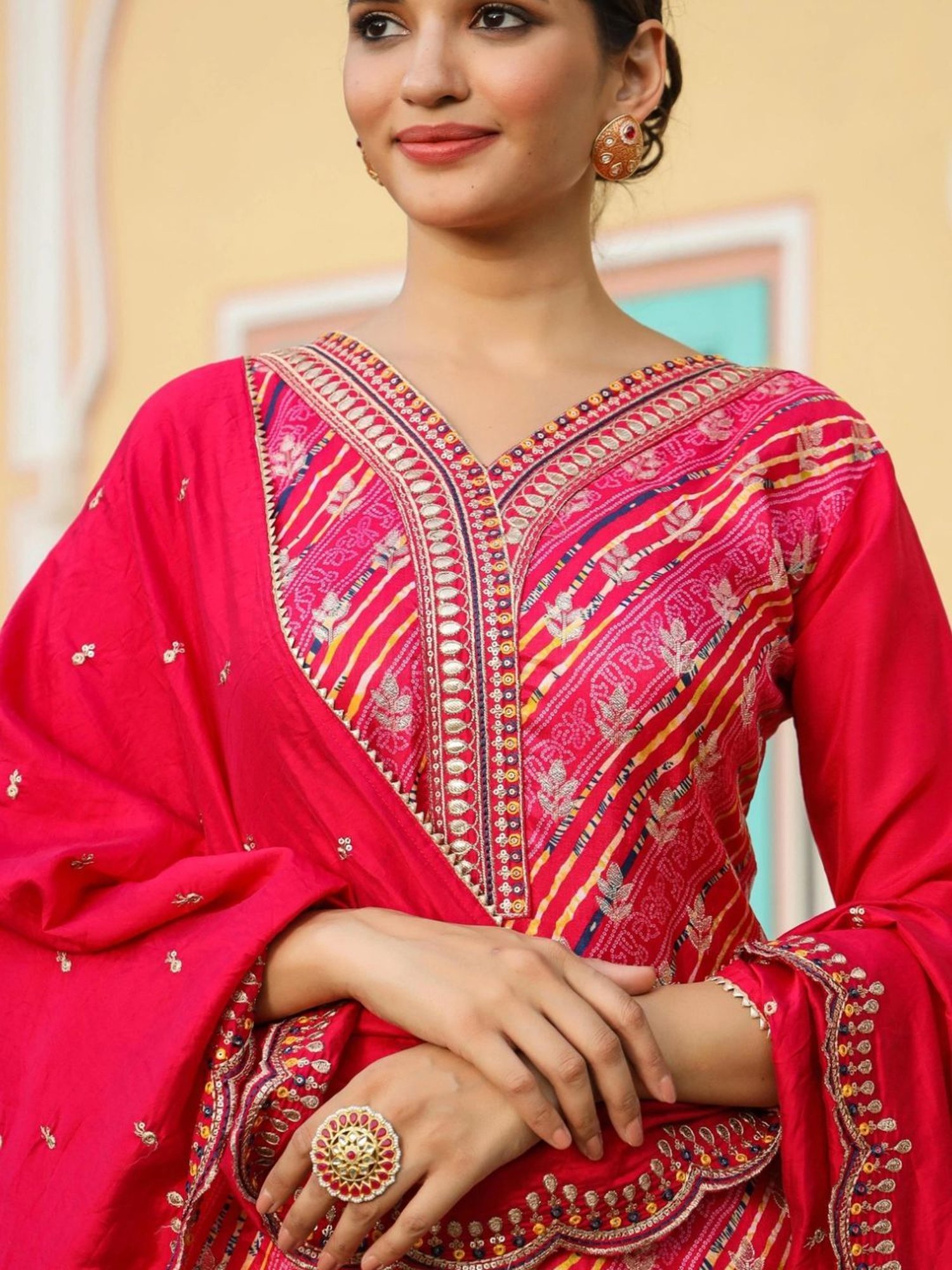 Scakhi Deep Pink Silk Jacquard Bandhani Suit Set Kurta With Pant And Dupatta