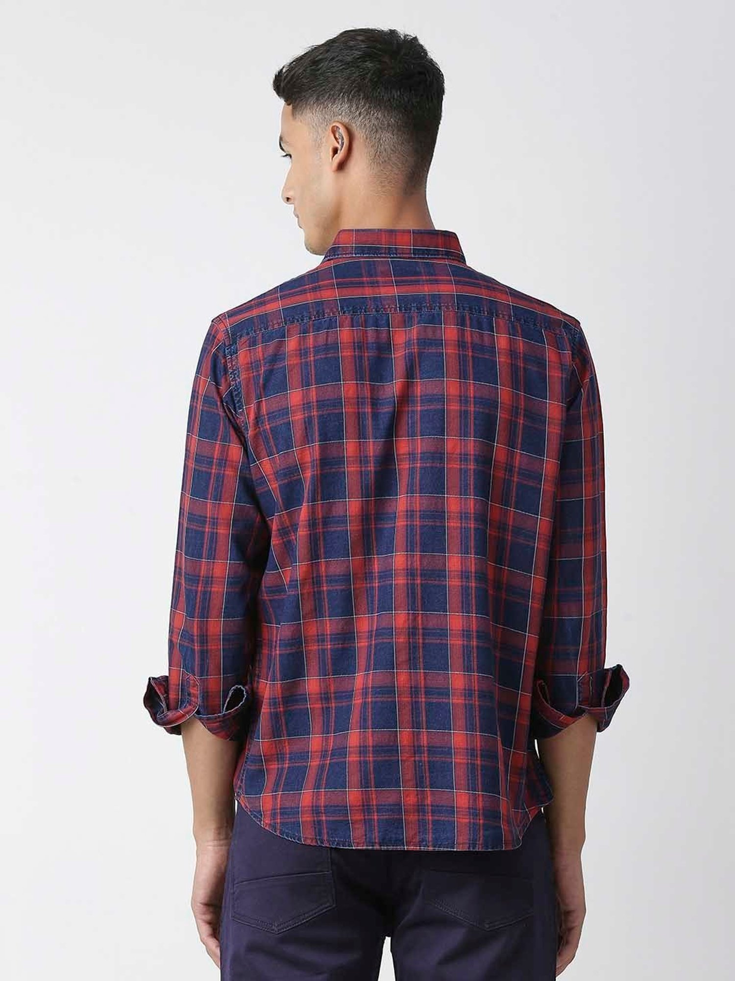 HJ HASASI Blue & Red Slim Fit Check Cotton Shirt
