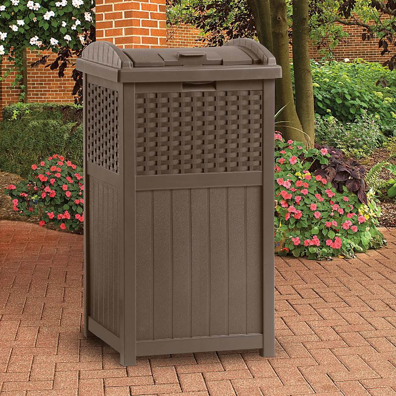 Suncast GHW1732 15.75" x 16" x 31.6" Trashcan Hideaway Outdoor Commercial 33 Gallon 31.6" Resin Garbage Waste Bin with Lid in Brown for Garage, 2 Pack
