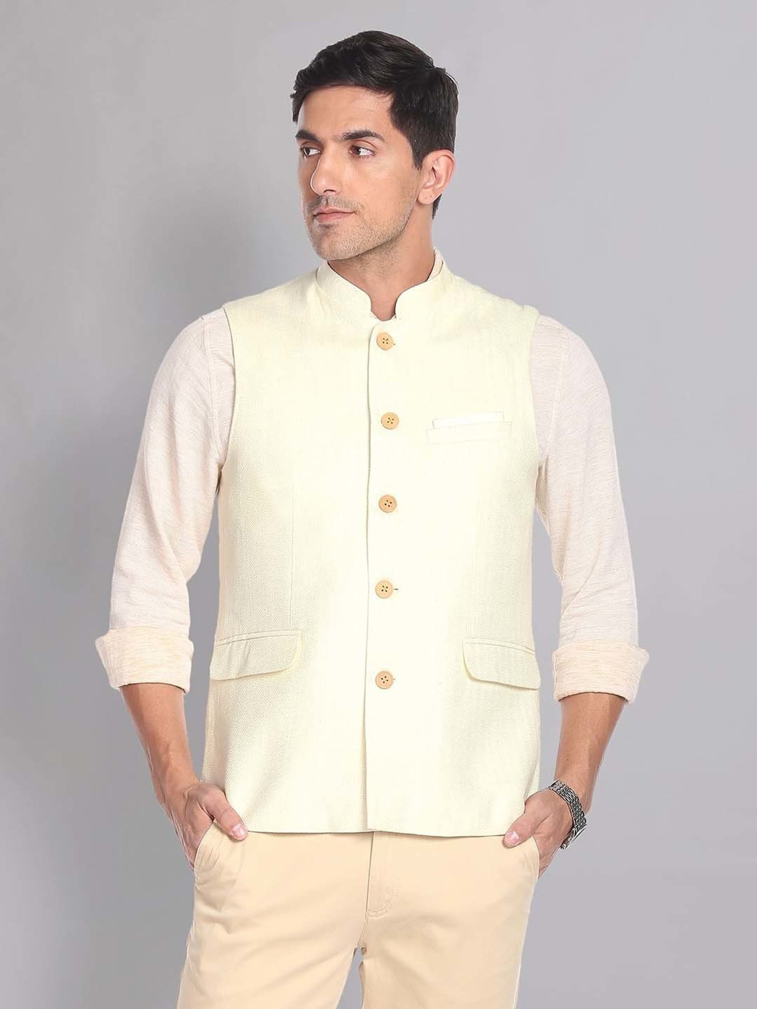 AD by Arvind Light Beige Mandarin Collar Self Design Nehru Jacket