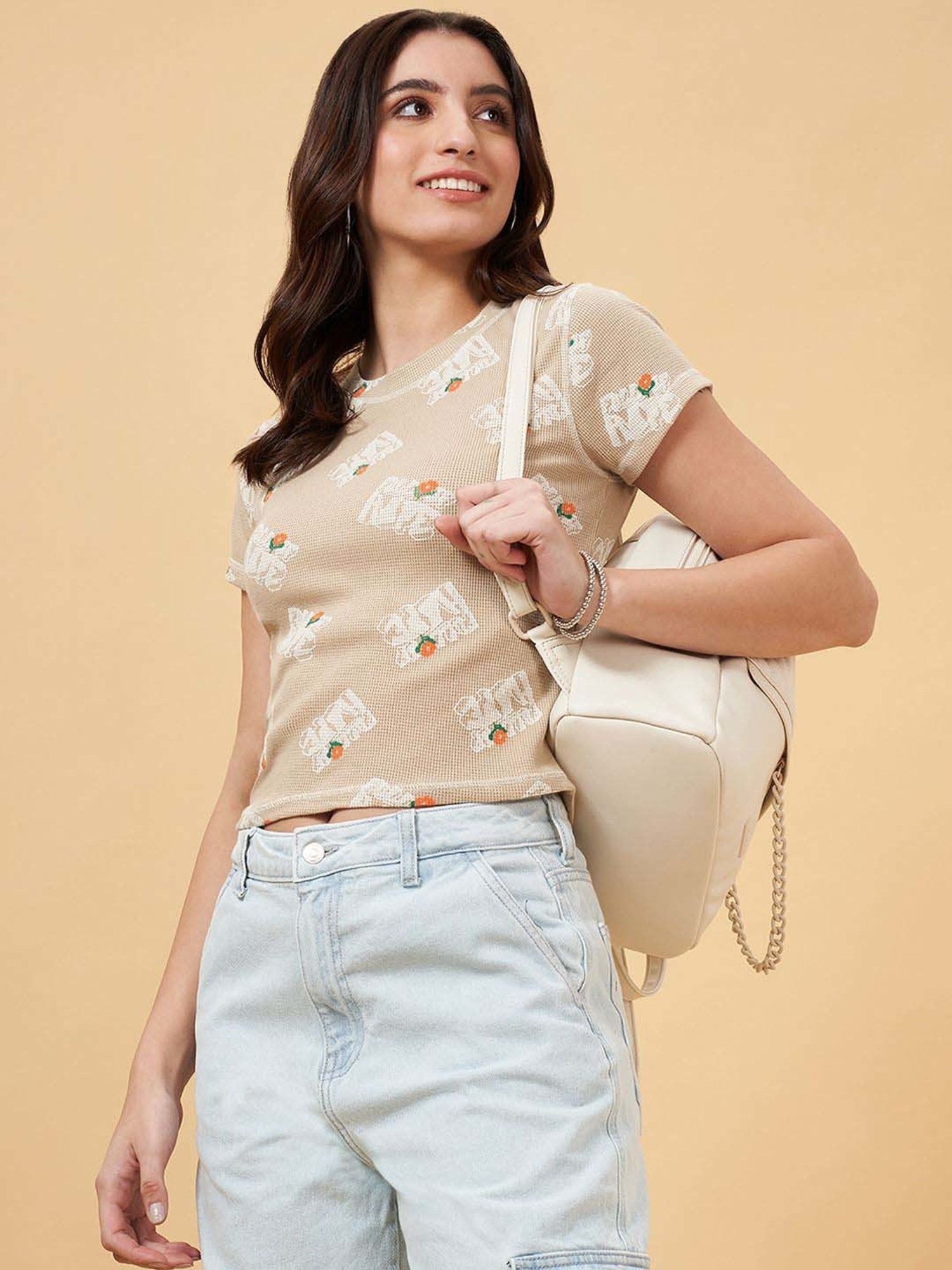 People by Pantaloons Khaki Printed T-Shirt