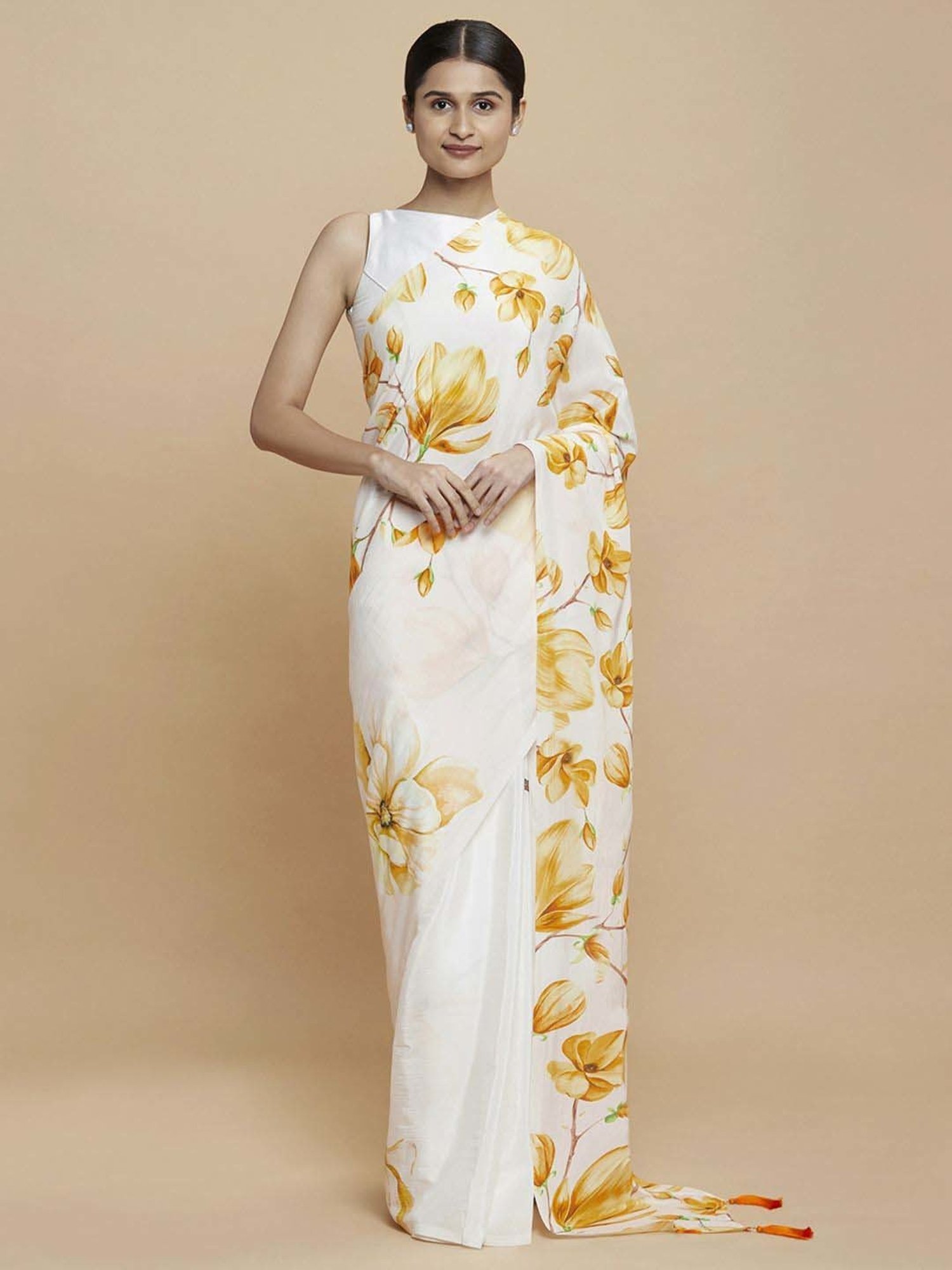 navyasa by liva White & Yellow Floral Print Saree With Unstitched Blouse
