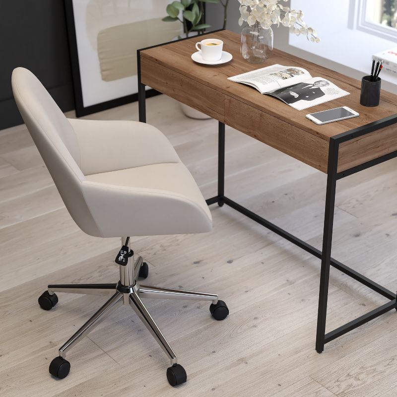 Merrick Lane Home Office Bucket Style Chair with Beige Upholstery and 360 Degree Rotating Swivel On Chrome Frame