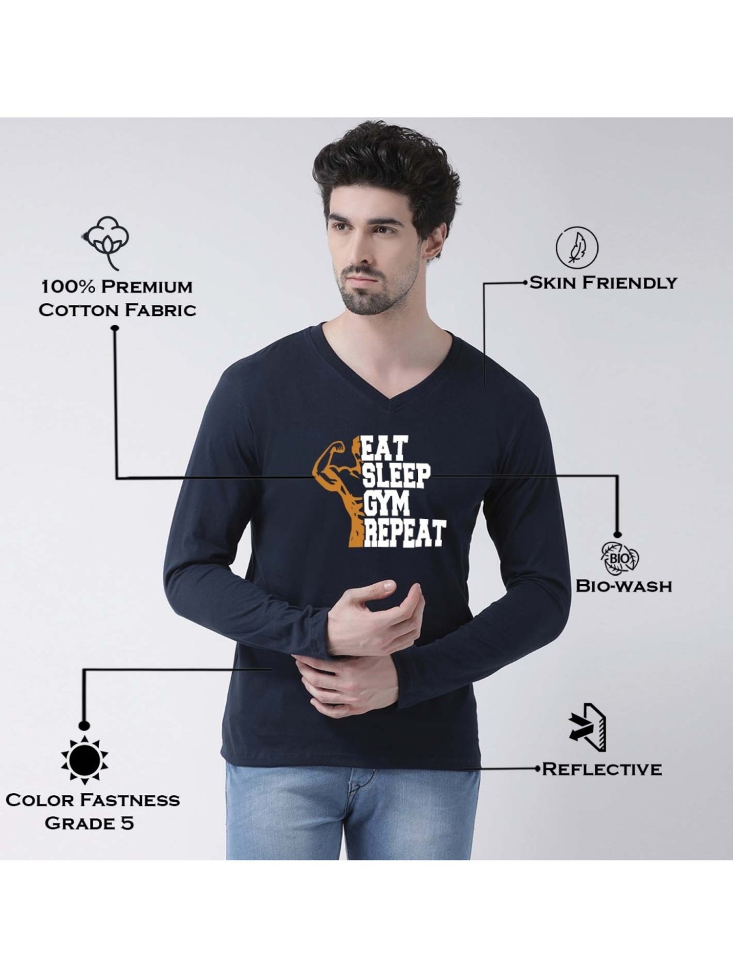 Friskers Navy Blue Cotton Slim Fit Printed T-Shirt