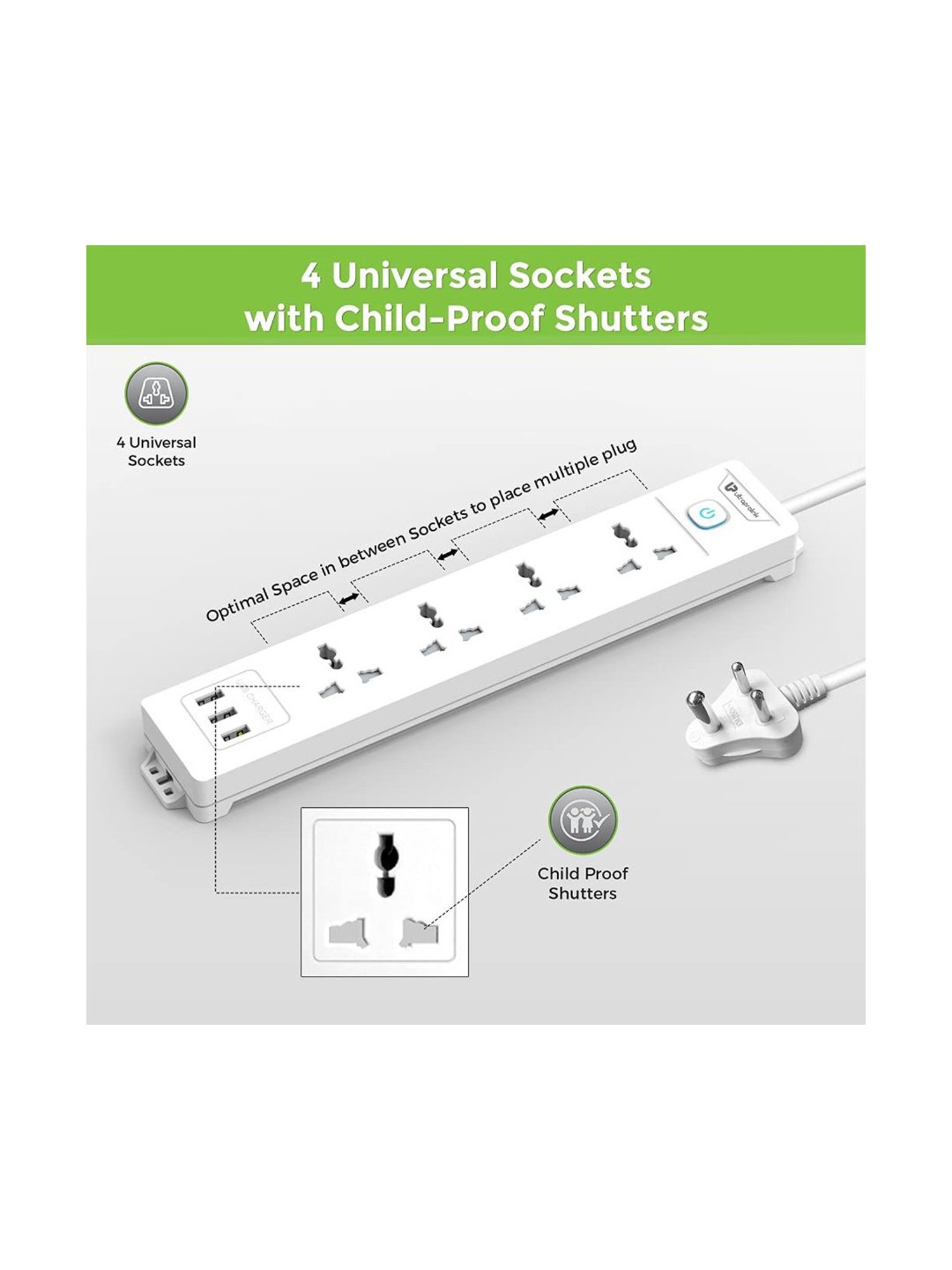 UltraProlink UM1049U Surge Protector 350J with 4 Sockets 3 USB Ports 2500W 2m Cable + Master Switch