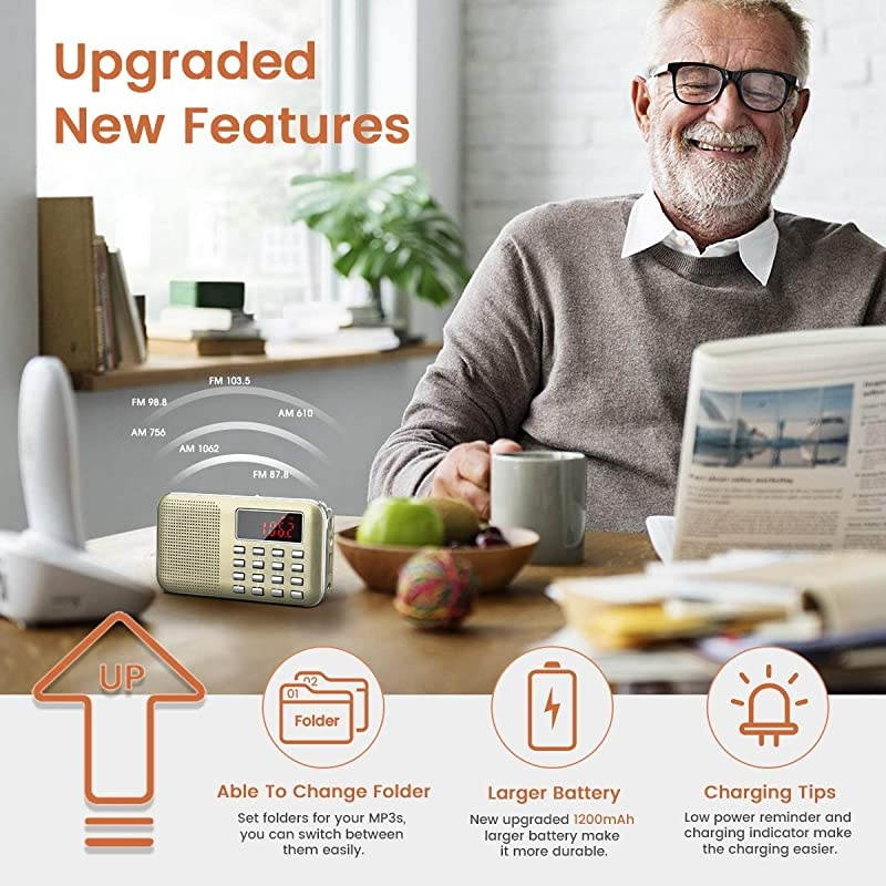 J908 Mini Portable Pocket AM FM Radio with LED Flashlight Digital Radio Speaker Music Player Support Micro SDTF CardUSB Auto Scan Save 1200mAh Rechargeable Battery OperatedGold