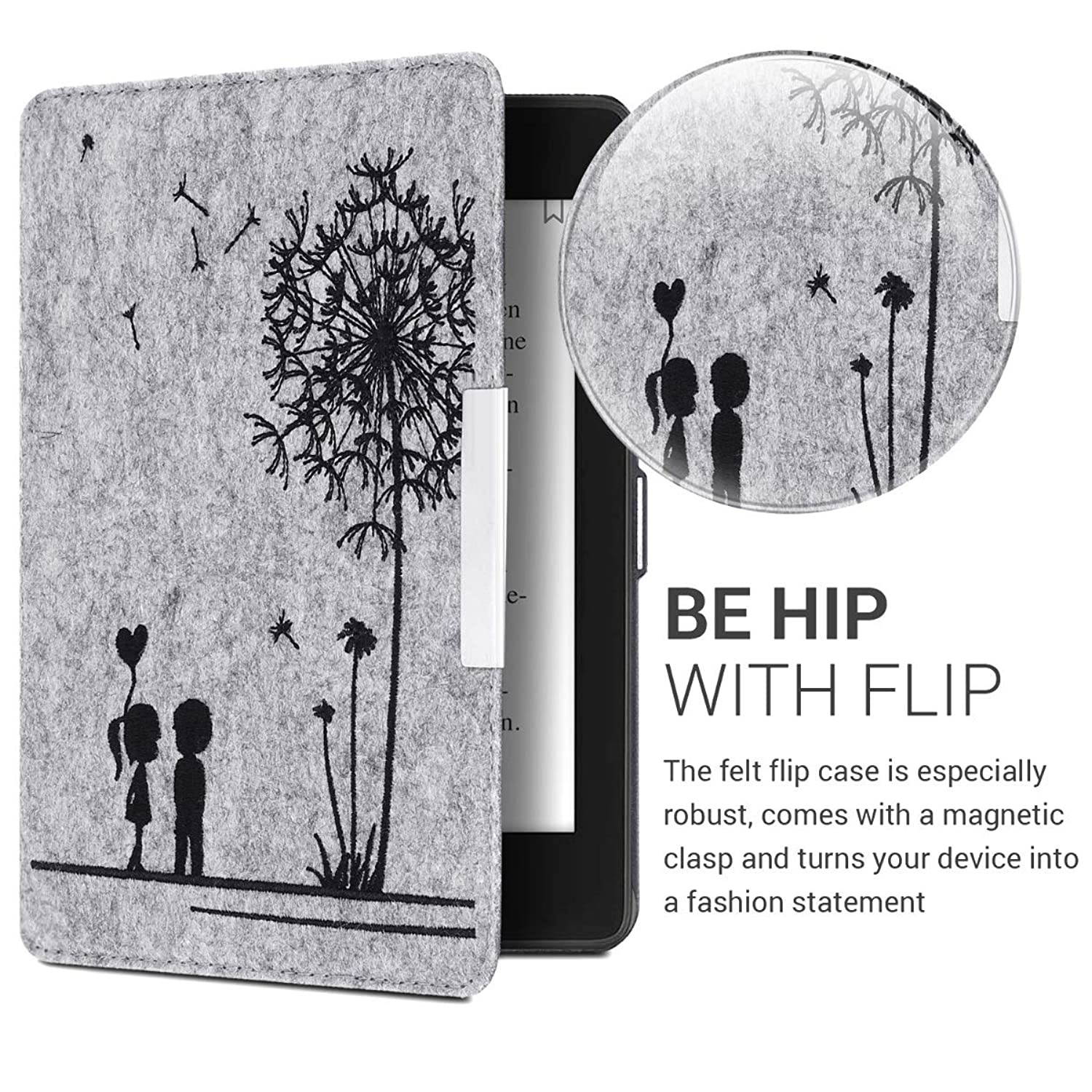 kwmobile Case Compatible with Amazon Kindle Paperwhite (10. Gen - 2018) - Book Style Felt Fabric Protective e-Reader Cover Folio Case - Dandelion Love Black/Light Grey