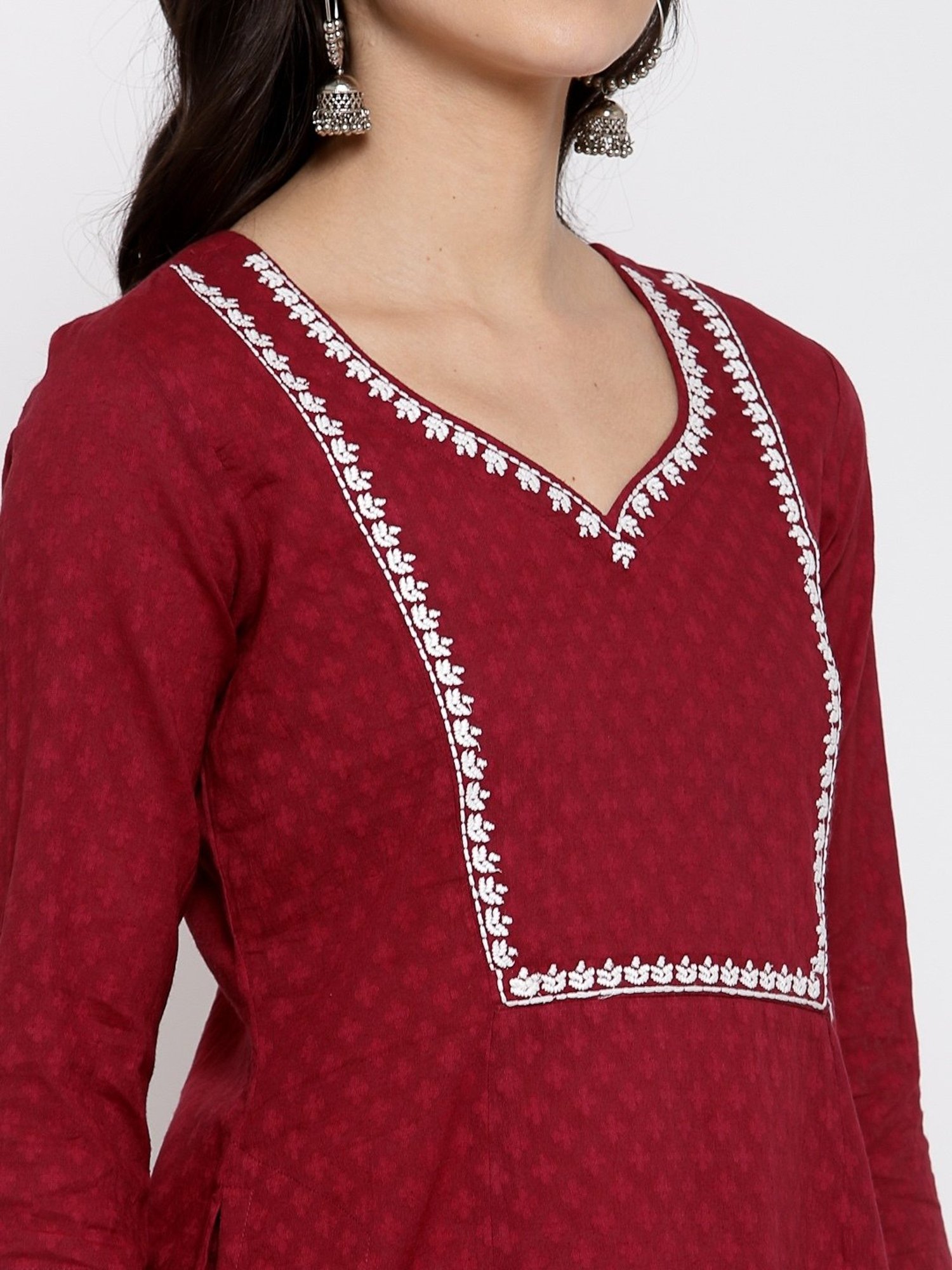 DART STUDIO Maroon Cotton Embroidered A Line Kurta