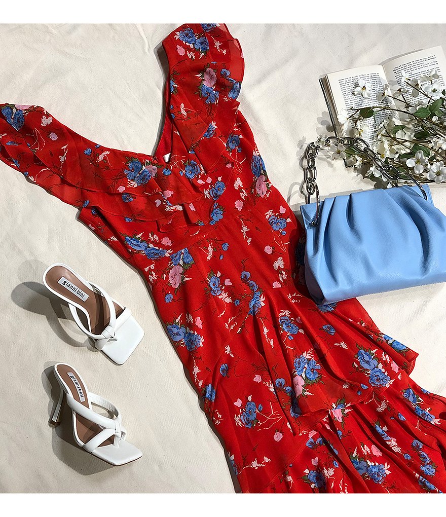 WAYF Chelsea Floral Print V-Neck Cap Sleeve Ruffle Hem Dress