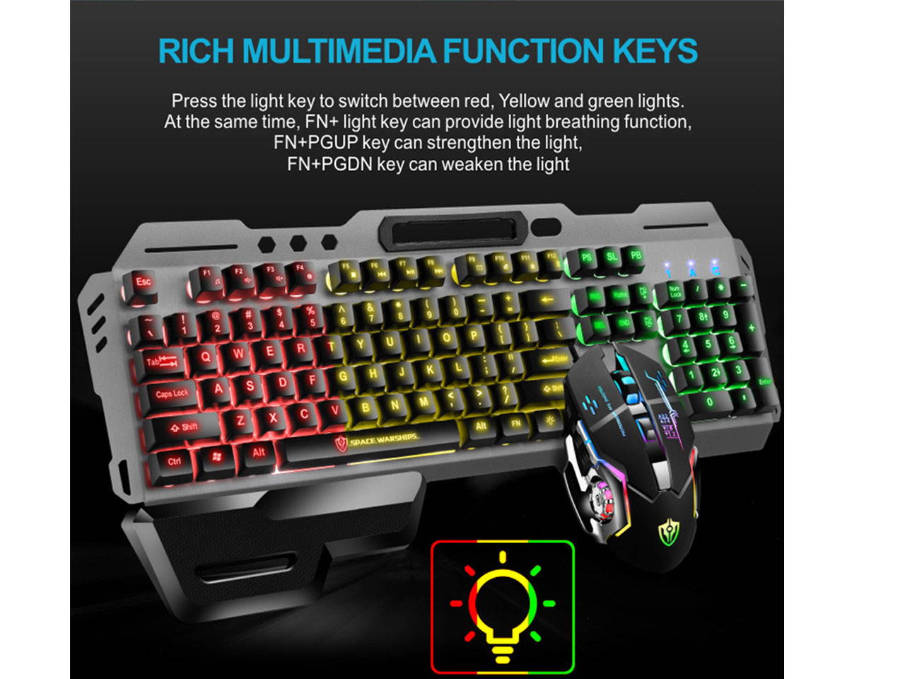 Wired Gaming Keyboard and Mouse, Rainbow Backlit Keyboard Mouse Metal Panel, Removable Hand Rest Keyboard and 7 Color Gaming Mute Mouse for PC Gamers