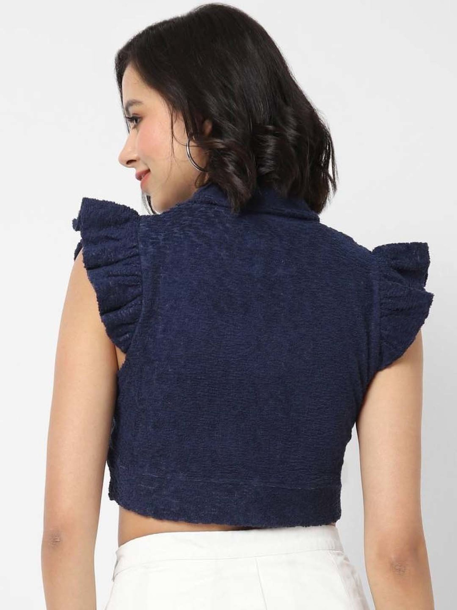 VASTRADO Navy Cap Sleeves Crop Top