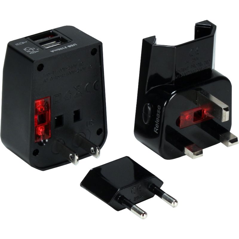 QVS Premium World Travel Power Adaptor with Surge Protection & 2.1A Dual-USB Charger - 120 V AC, 230 V AC Input - 5 V DC/2.10 A Output