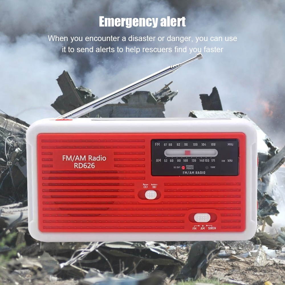 Multiple Use Solar Powered Or Power Generation by Hand FM Radio 1LED Flashlight USB Charging Emergency Charger Emergency Alarm