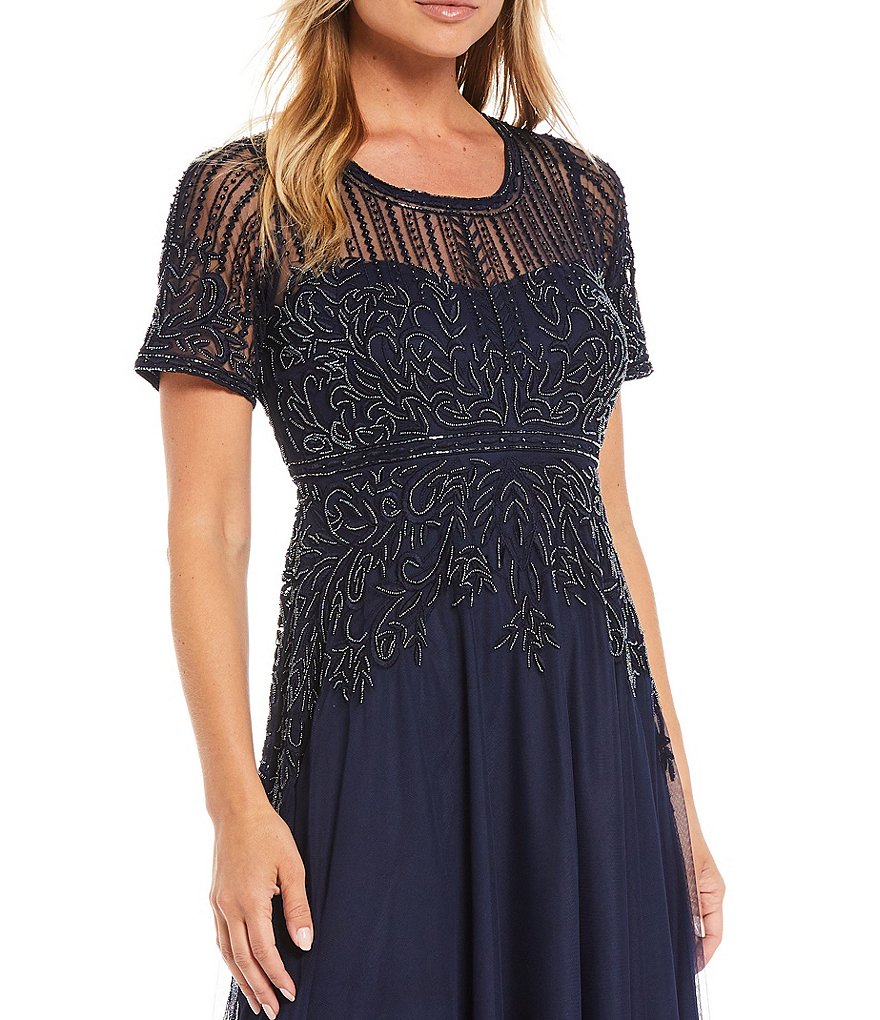 Pisarro Nights Beaded Bodice A-Line Short Sleeve Boat Neck Long Dress