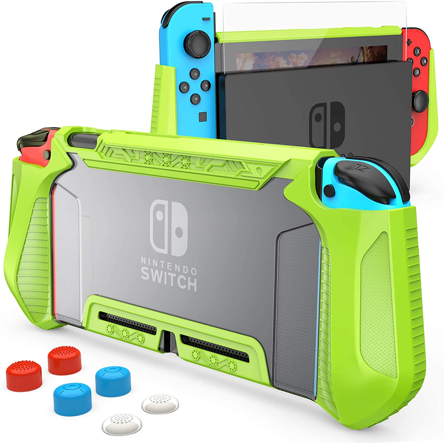 HEYSTOP Case Compatible with Nintendo Switch Case Screen Protector,TPU Protective Heavy Duty Cover Case for Nintendo Switch with Shock Absorption and Anti-Scratch (Transparent Green)