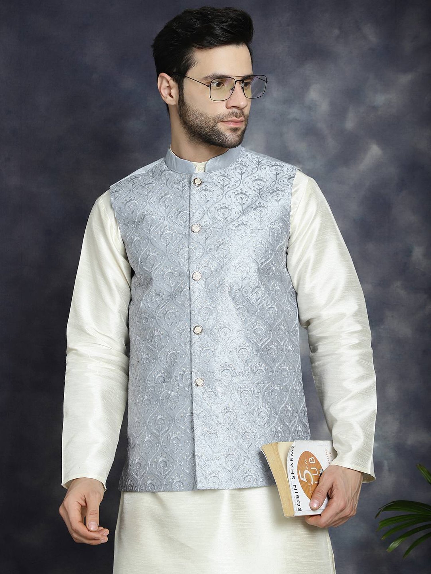 Jompers Grey Regular Fit Embellished Nehru Jacket