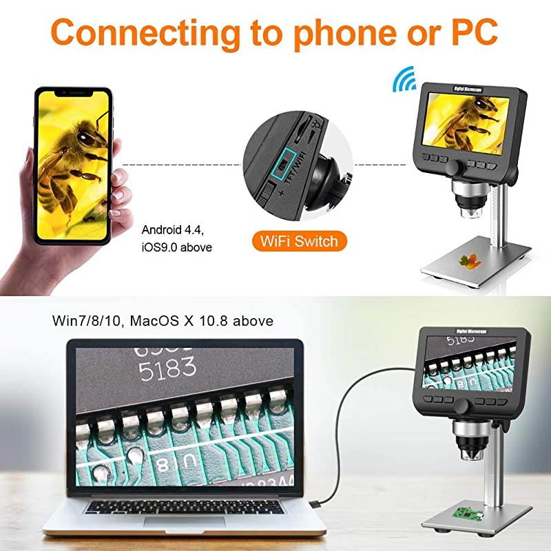 LCD Digital Microscope  43 Inch 1080P 2 Megapixels 1000X Magnification Zoom Wireless USB Stereo Microscope Camera Compatible with iPhone Android iPad MAC Windows with 32GB TF Card