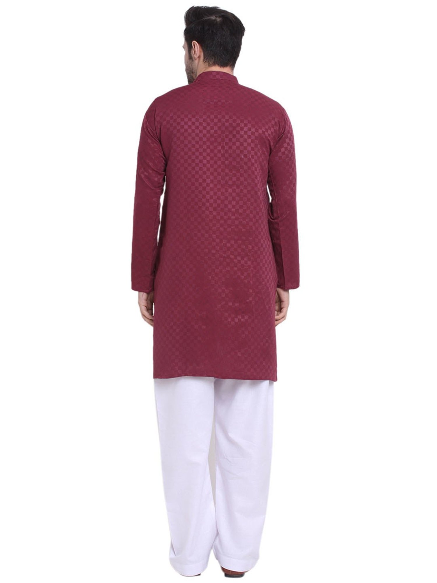 Benstoke Maroon & White Regular Fit Geometric Print Angrakha Kurta & Pyjamas Set