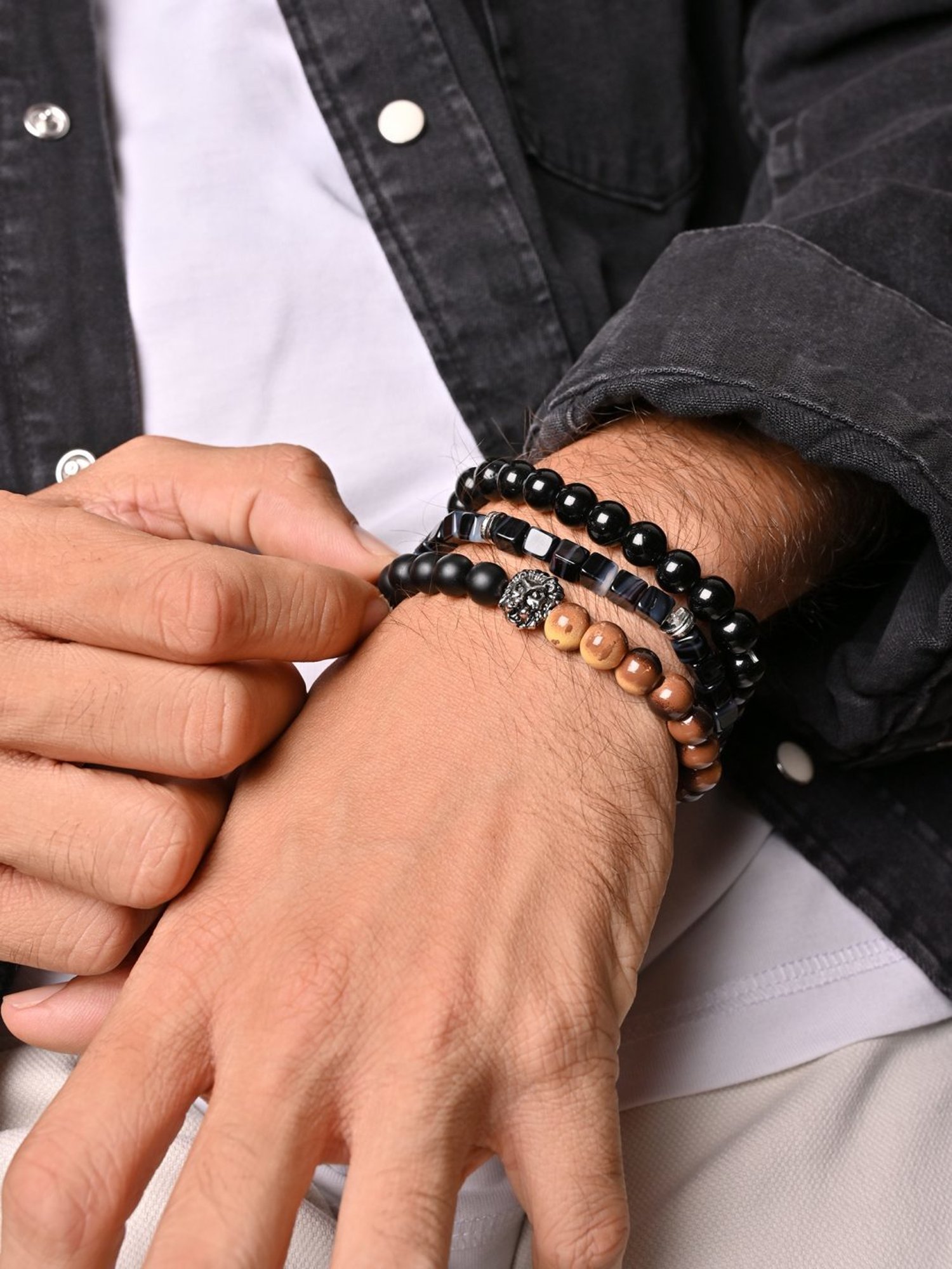 The Bro Code Black & Brown Casual Party Men's Beaded Lion Charm Stack Bracelet - Set of 3