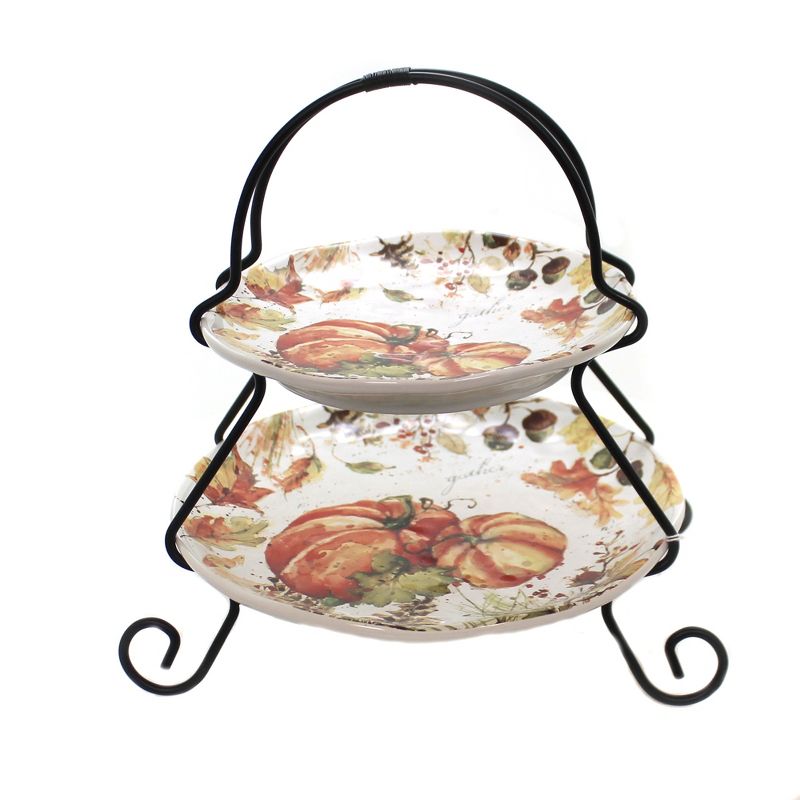 Tabletop 10.25" Harvest Splash 2 Tier Server Thanksgiving Fall Pumpkins Certified International  -  Serving Platters