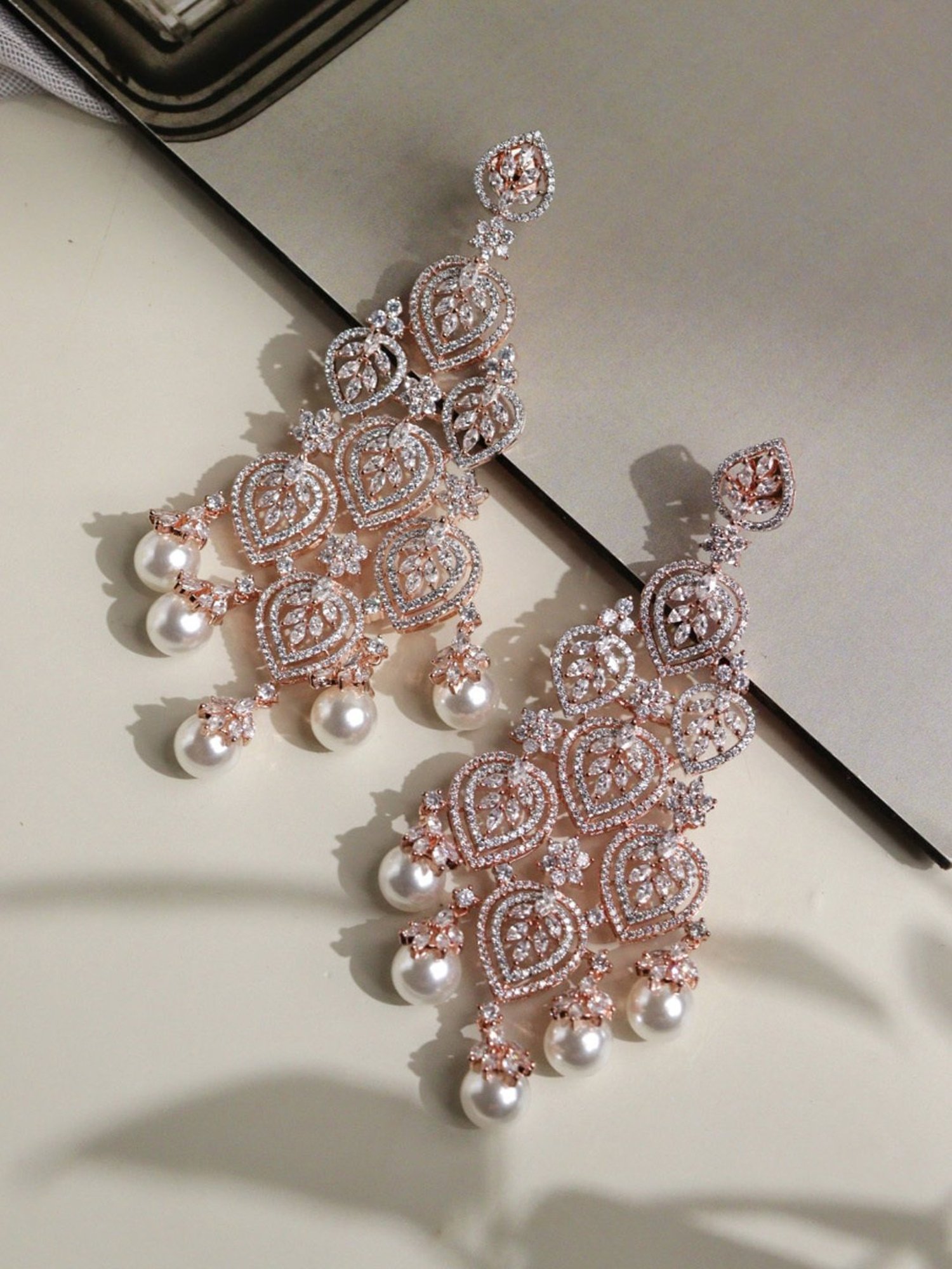 Curio Cottage Rose Gold Florescence Diamante Cascade White Chandelier Earrings