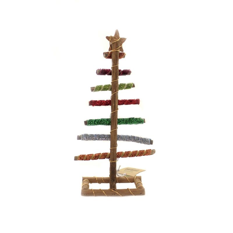 Christmas 9.5" Wrapped Log Tree Sm Gilttered Ribbon  -  Decorative Figurines