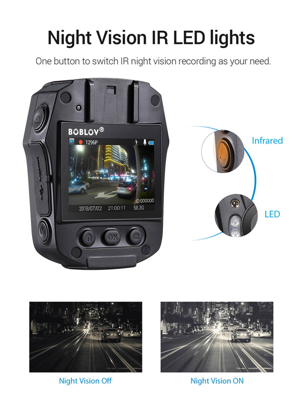 Boblov HD 1296P Body Worn Camera 64GB Police Security IR Night Vision 32MP Video