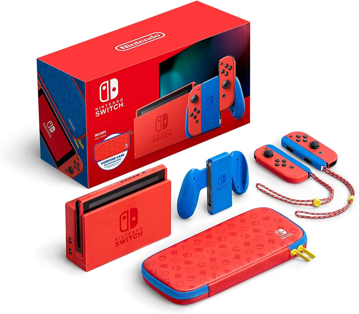 2021 New Nintendo Switch Mario Red & Blue Limited Edition with Mario Iconography Carrying Case and Screen Protector Bundle With Super Bomberman R And Mytrix Joystick Caps