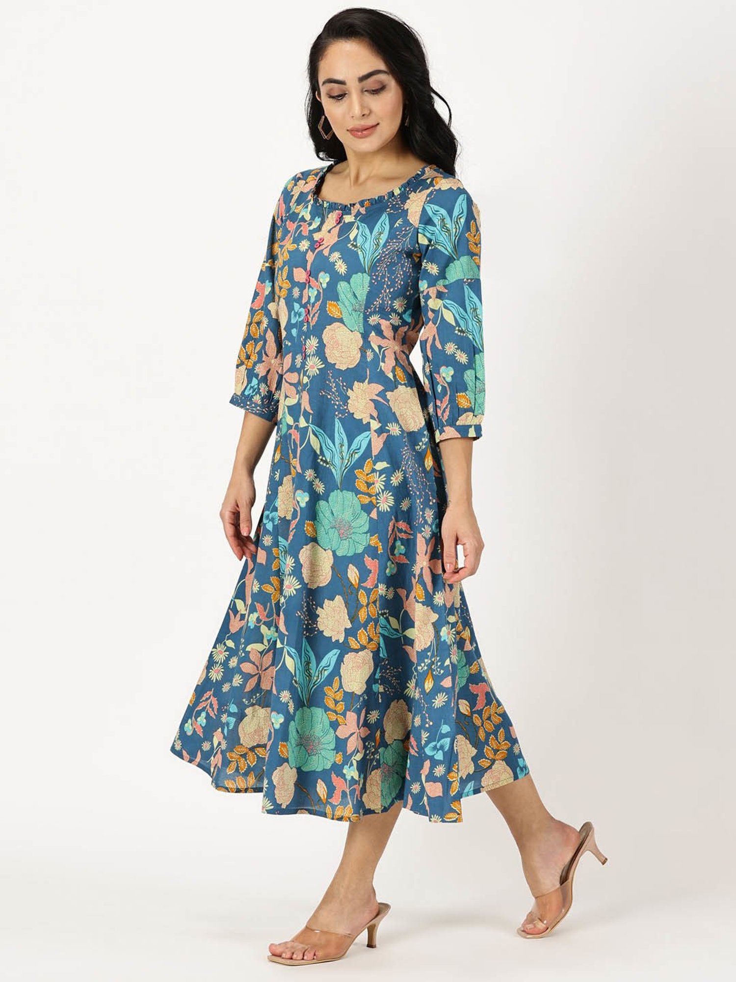 Saffron Threads Blue Cotton Printed Ethnic Dress