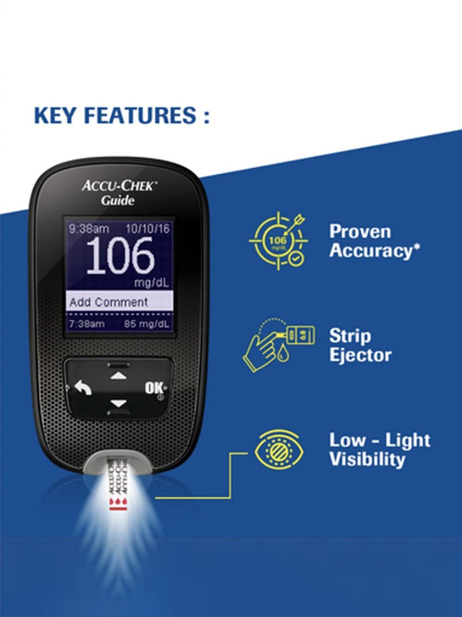 Accu-Chek Guide Meter (Bluetooth) with 10 strips + Accu-Chek Guide 50 Strips (Black)