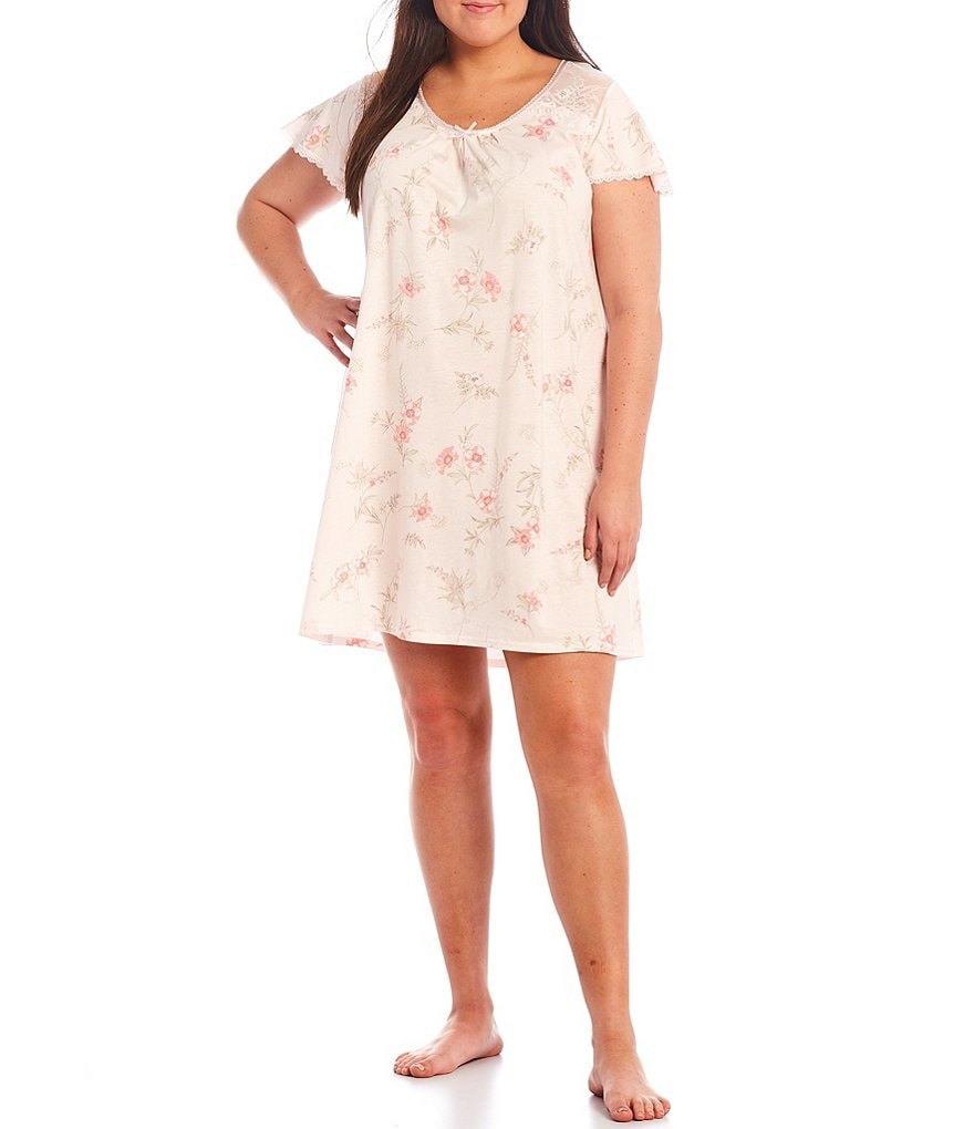 Miss Elaine Plus Floral Short Sleeve Knit Short Nightgown