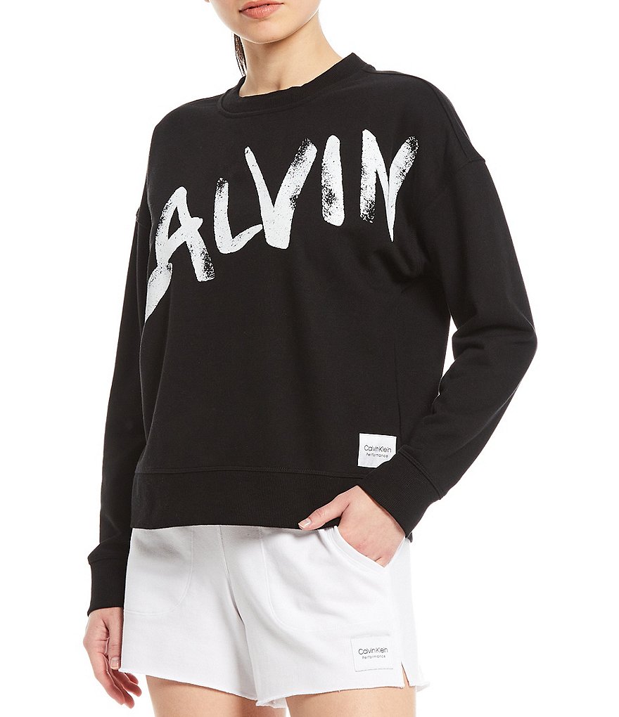 Calvin Klein Performance Brush Calvin Logo Long Sleeve Rolled Cuff Crop Top