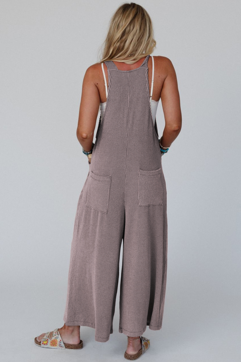 Gray Textured Wide Leg Overall with Pockets