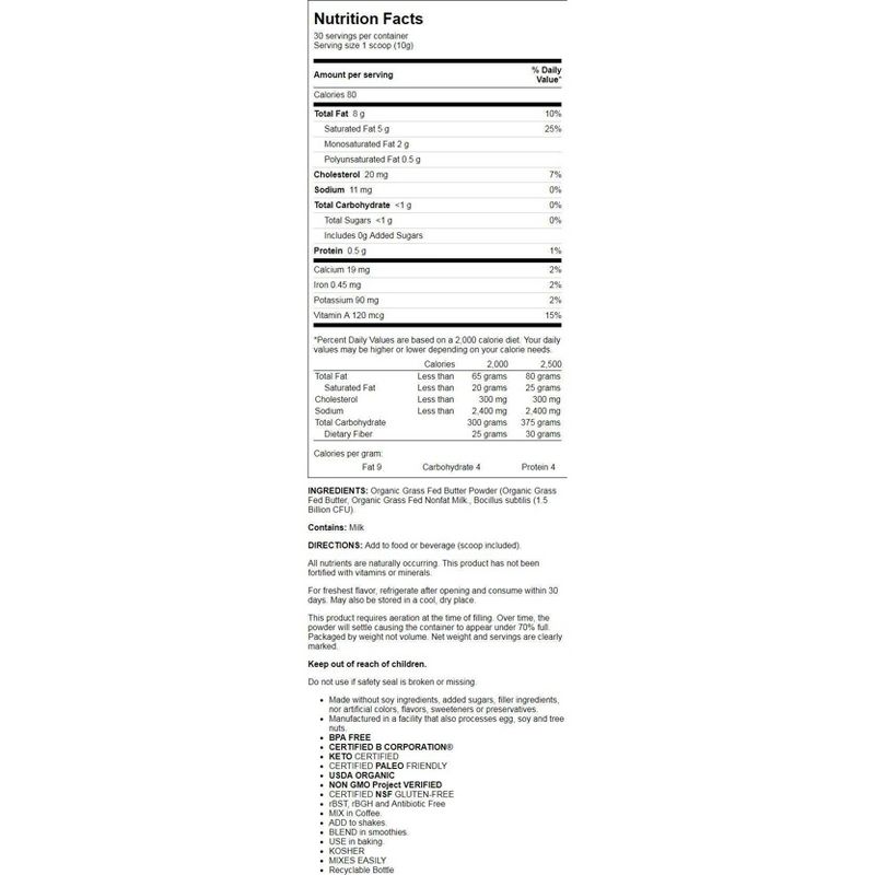 Garden of Life Energy Supplements Dr. Formulated Keto Organic Grass Fed Butter Powder 10.58 oz.